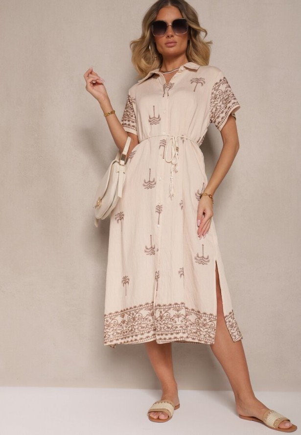 Beżowa Sukienka z Wiskozą o Pudełkowym Kroju z Kołnierzykiem z Haftem Sanavelle