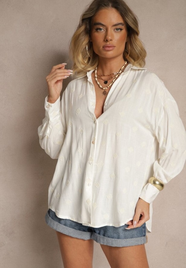 Biała Wiskozowa Koszula z Dodatkiem Lnu Zdobiona Haftem w Romby Fadeira