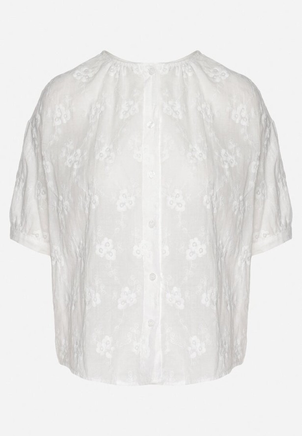 Biała Bawełniana Koszula o Krótkim Kroju z Krótkim Rękawem Zdobiona Haftem Zevaline