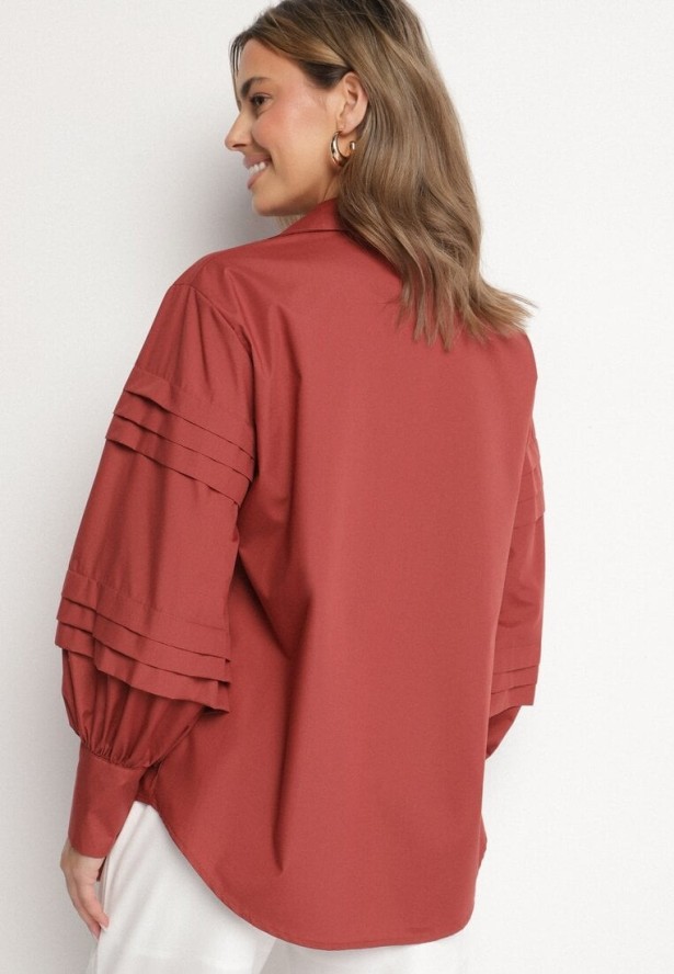 Bordowa Koszula z Bawełną Ozdobione Szerokimi Rękawami Edimelia