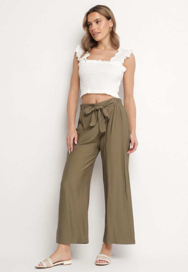 Ciemnozielone Wiskozowe Szerokie Spodnie Ozdobione Kokardą Elliluria