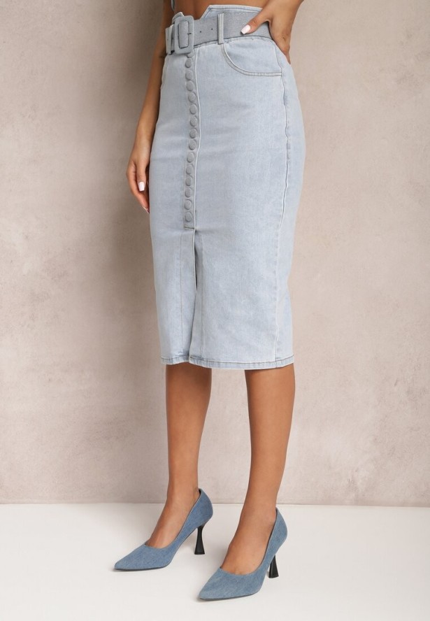Jasnoniebieska Jeansowa Spódnica Ołówkowa Midi z Guzikami i Rozcięciem Jackiesa