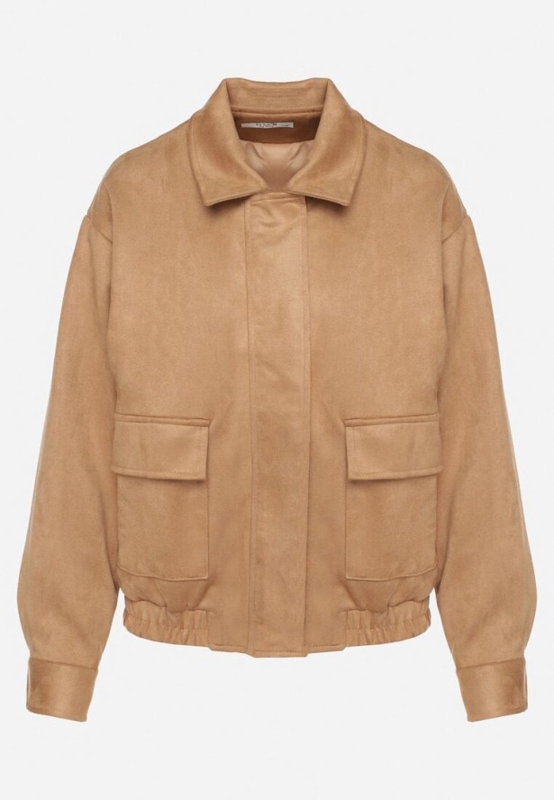 Beżowa Kurtka Przejściowa Bomberka z Imitacji Zamszu z Kołnierzykiem Ervila