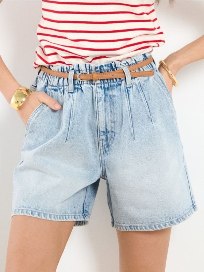 Szorty jeansowe paperbag z paskiem - niebieski