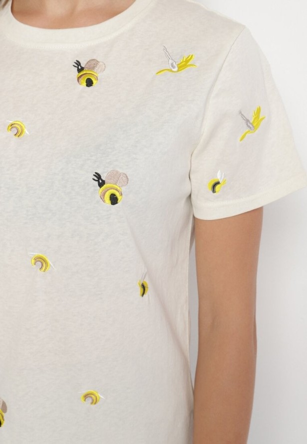 Beżowy T-shirt z Bawełny Ozdobiony Haftem Hiraviel