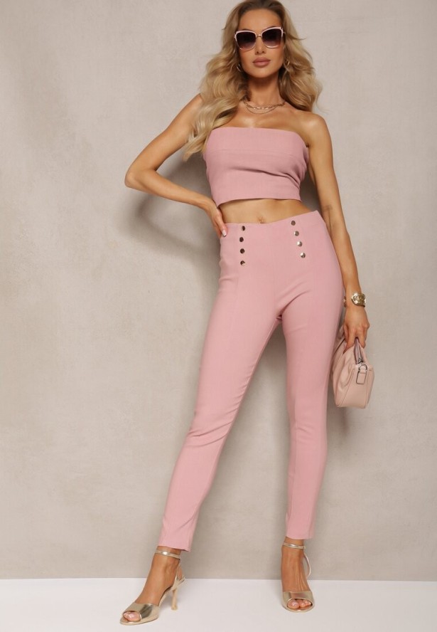 Różowe Spodnie Skinny z Ozdobnymi Napami Eclaria