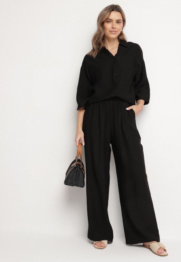 Czarny Komplet z Wiskozy Koszula z Podpinanymi Rękawami i Szerokie Spodnie Dormoi