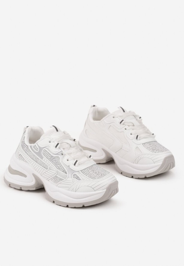 Białe Sneakersy Streetwearowe na Grubej Podeszwie Zdobione Brokatem Felanwea