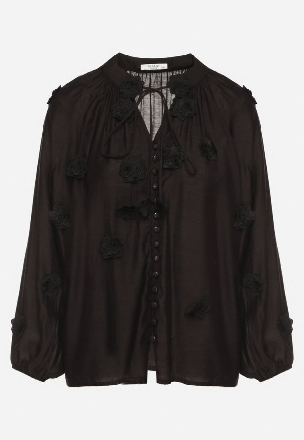 Czarna Koszula z Wiskozy Zdobiona Kwiatowymi Aplikacjami i Wiązaniem Sadevire