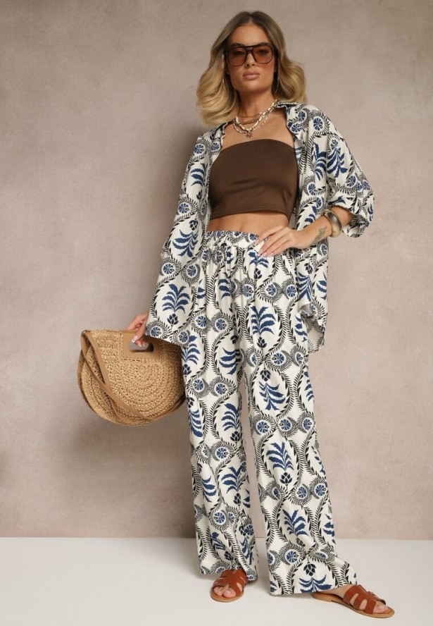 Niebieski Komplet z Motywem Roślinnym Koszula i Spodnie Divisla