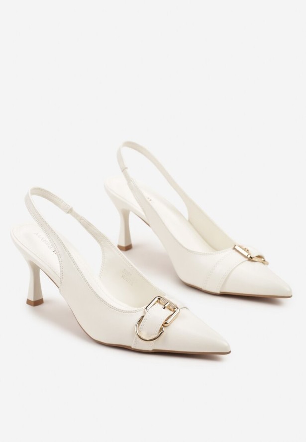Białe Sandały na Szpilce Slingback Ozdobione Metaliczną Klamrą Zeornna