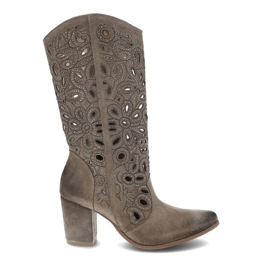 Kowbojki damskie Exquisite, ażurowa cholewka z dekoracyjnym wycinaniem naturalna faktura materiału stabilny obcas, taupe, 1289