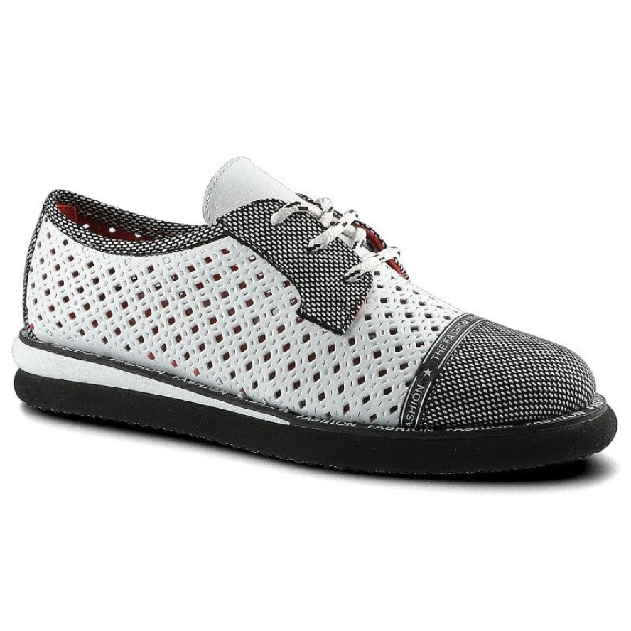 Półbuty damskie Lanqier, wykonane z materiału o otwartej ażurowej strukturze z kontrastowymi wzmocnieniami z klasycznym sznurowaniem, białe, 46C2339