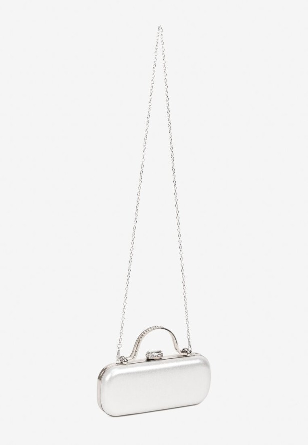 Srebrna Torebka Kopertówka z Metalowymi Rączkami i Łańcuszkiem na Zatrzask z Cyrkoniami Neliaira