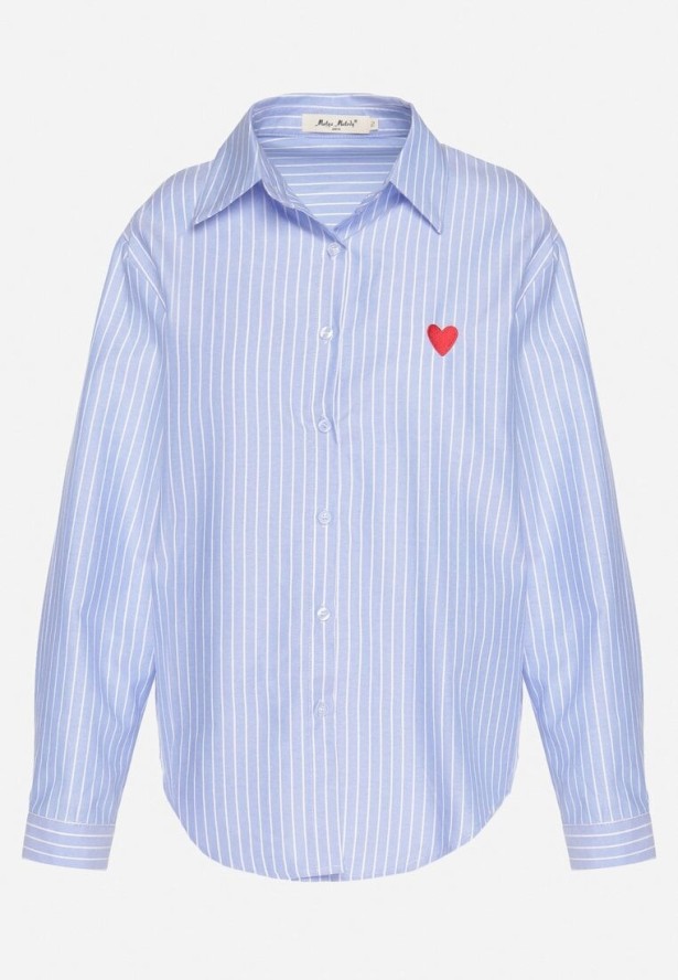 Jasnoniebieska Koszula o Kroju Oversize z Delikatne Paski z Haftem w Kształcie Serca Talaviela