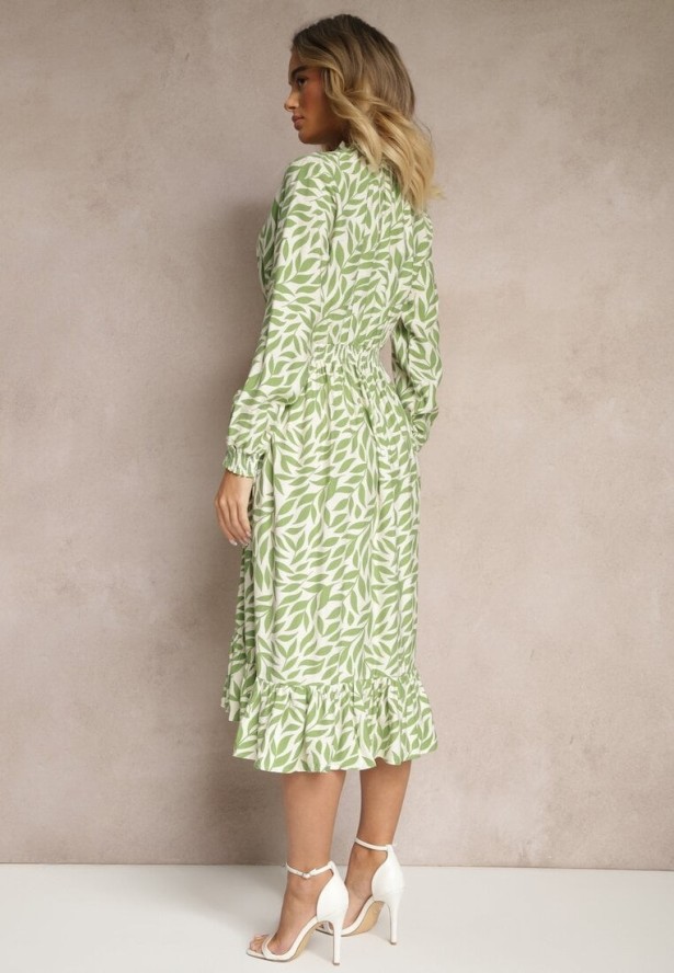 Zielona Rozkloszowana Sukienka z Gumką w Talii Zdobiona Falbankami Ridirina