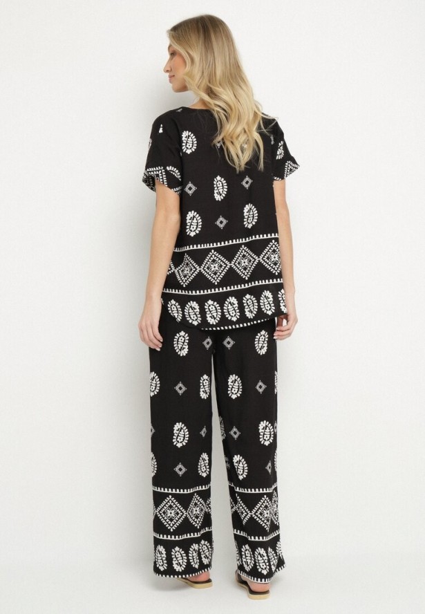 Czarny Bawełniany Komplet Koszula i Szerokie Spodnie w Stylu Boho Ollirive