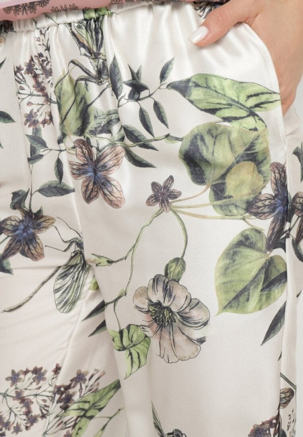 Beżowe Szerokie Spodnie z Wiskozą i Wysokim Stanem w Kwiaty Daviera