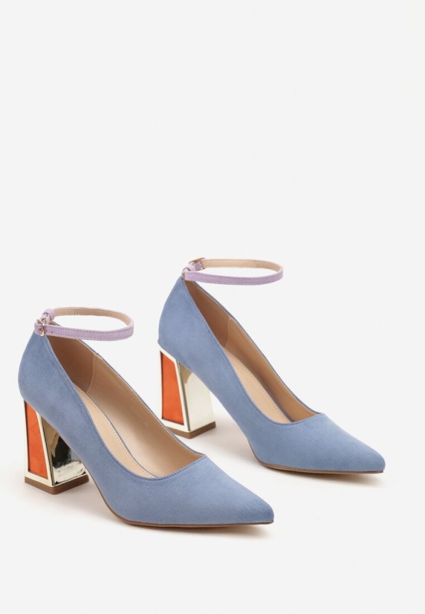 Niebieskie Czółenka na Słupku Ozdobione Paskiem i Metaliczną Aplikacją Lannethe