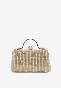 Złota Torebka Kopertówka Ozdobiona Perełkami i Cyrkoniami Fessurea