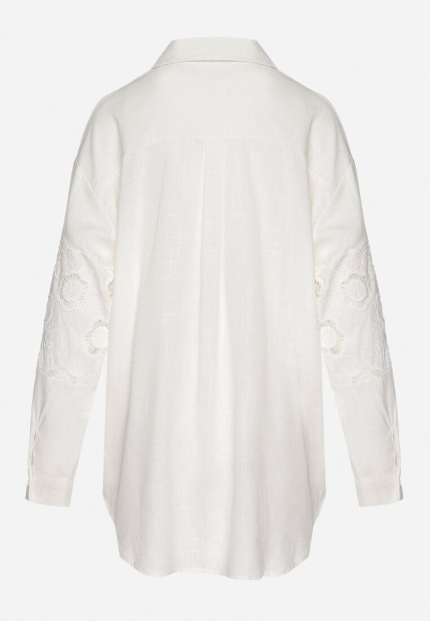 Biała Koszula z Lnem o Kroju Oversize z Ażurowymi Zdobieniami Dannilea