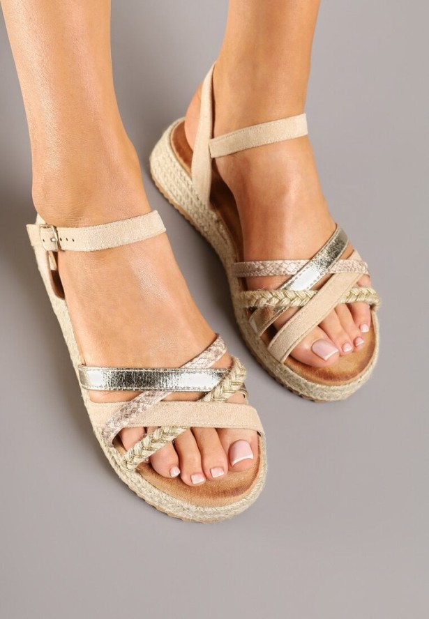 Beżowe Sandały Ozdobione Plecionką ze Sznurka Celippa