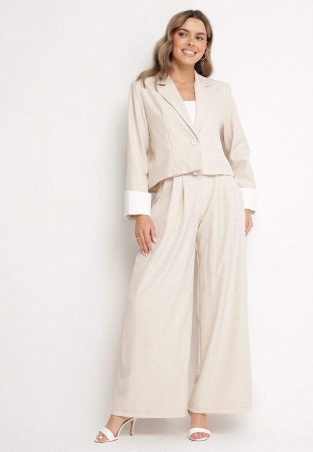 Beżowy Komplet Garniturowy Marynarka i Spodnie z Kontrastowymi Wstawkami Daviraya