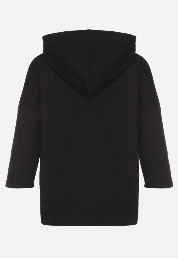 Czarna Bluza z Kapturem i Rękawami 3/4 Zdobiona Nadrukiem Saniriora