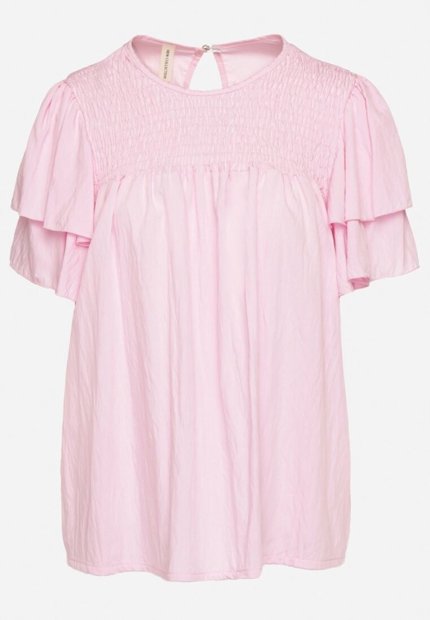 Różowa Bluzka z Wiskozą o Trapezowym kroju z Falbankami i Elastyczną Wstawką Dorlimi