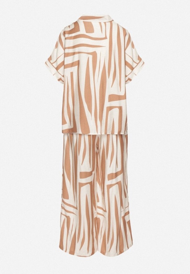 Beżowy Komplet Oversize z Lnem Koszula z Krótkim Rękawem i Szerokie Spodnie Mirolena