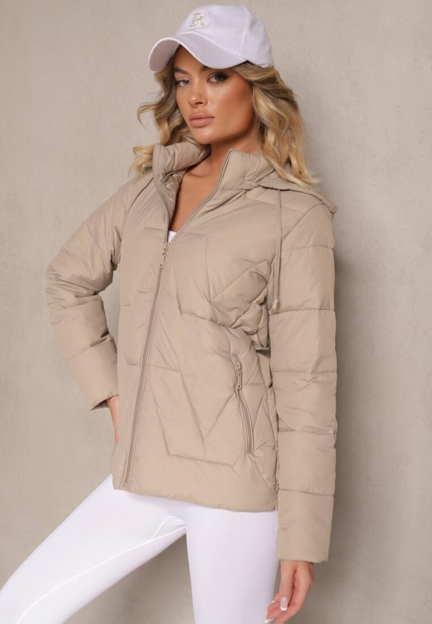 Ciemnobeżowa Pikowana Kurtka Przejściowa z Kapturem Silidi