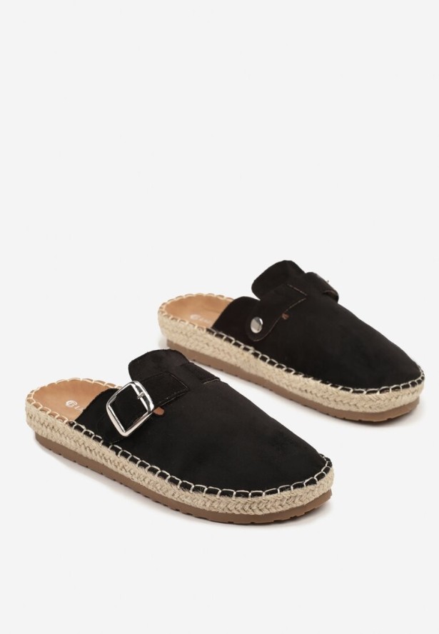 Czarne Klapki Typu Chodaki z Klamerką na Podeszwie z Plecionki Ziariana