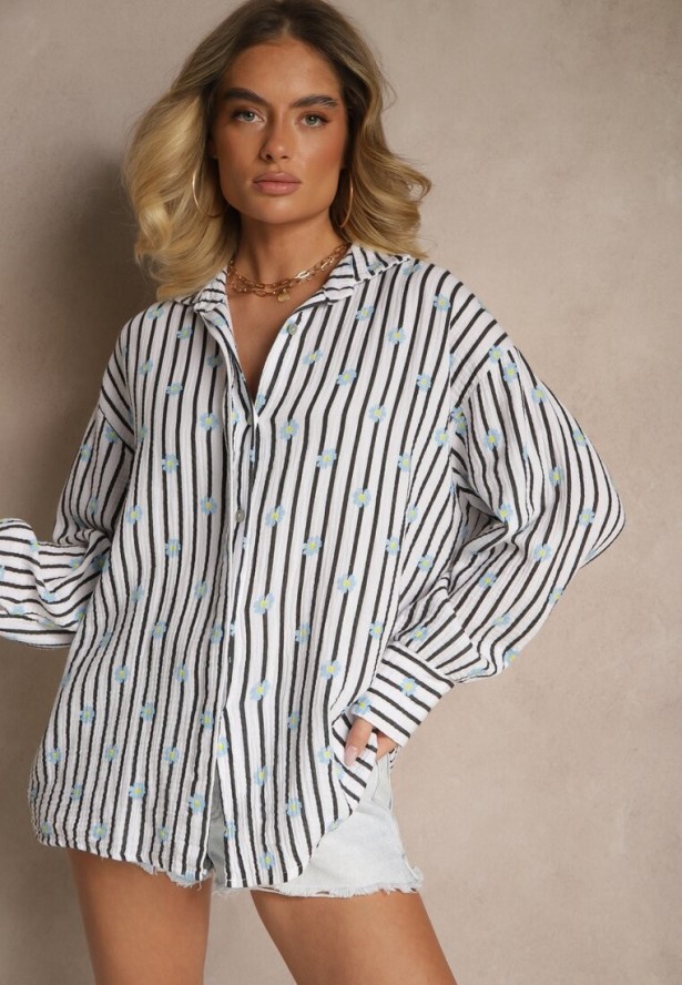 Czarno-Biała Koszula z Bawełny w Prążki Zdobiona Kwiatowym Wzorem Apiola