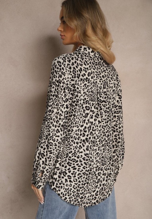 Szara Koszula z Wiskozą z Podpinanymi Rękawami w Panterkowy Print Fleffia