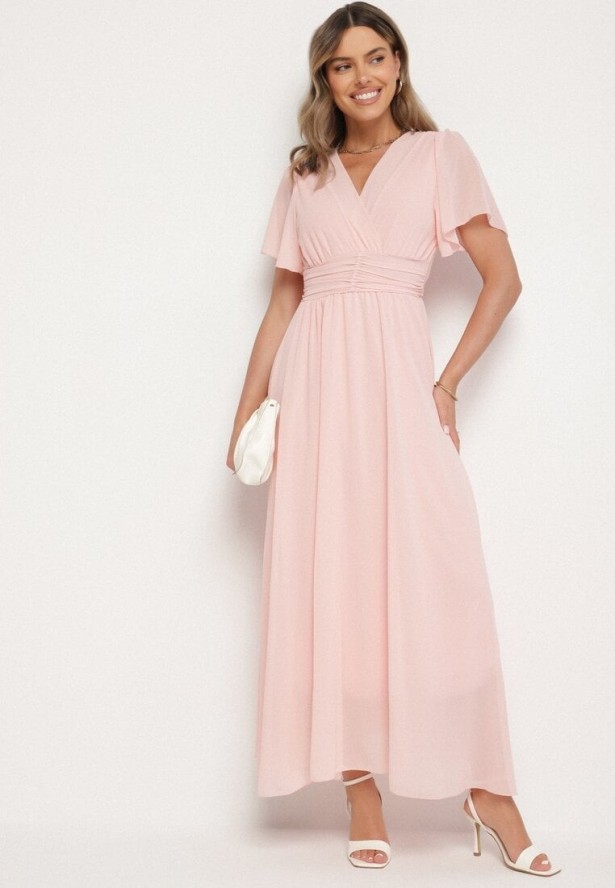 Jasnoróżowa Kopertowa Sukienka Maxi z Gumką w Pasie Narlin