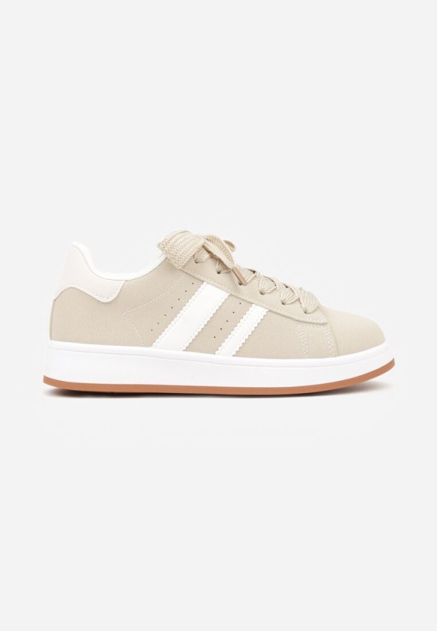 Beżowo-Białe Sneakersy z Ozdobnymi Naszywkami z Boku Galdexis