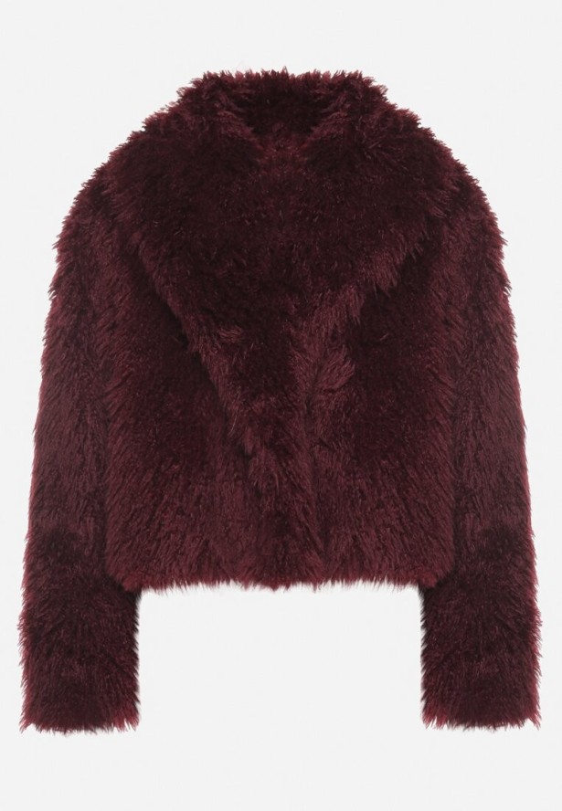 Bordowa Kurtka Futrzana o Krótkim Kroju z Szerokim Kołnierzem Riveti