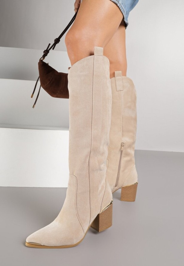 Beżowe Kozaki Kowbojki na Słupku z Metalicznym Noskiem Freija