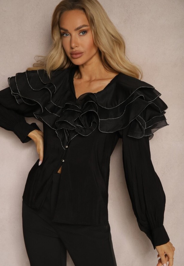 Czarna Wieczorowa Koszula z Ozdobnymi Falbanami i Guzikami Lerellia