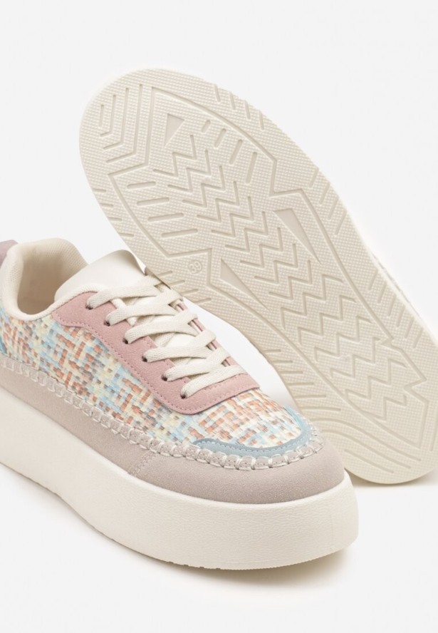 Beżowo-Różowe Sneakersy na Platformie Ozdobione Plecionką Nilaraviela