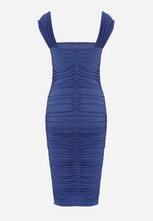Niebieska Dopasowana Sukienka Koktajlowa z Marszczeniem Lumirene