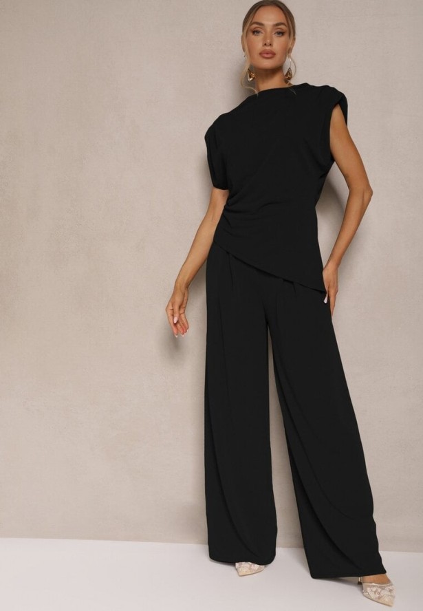 Czarny Komplet Bluzka z Poduszkami w Ramionach i Proste Spodnie z Gumką w Pasie Divanes