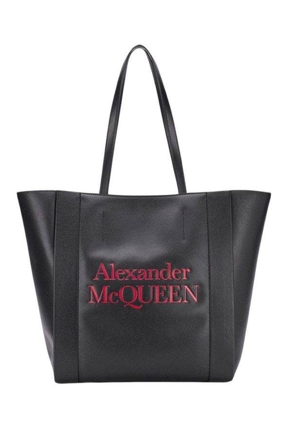 ALEXANDER MCQUEEN Czarna skórzana shopperka z czerwonym logo