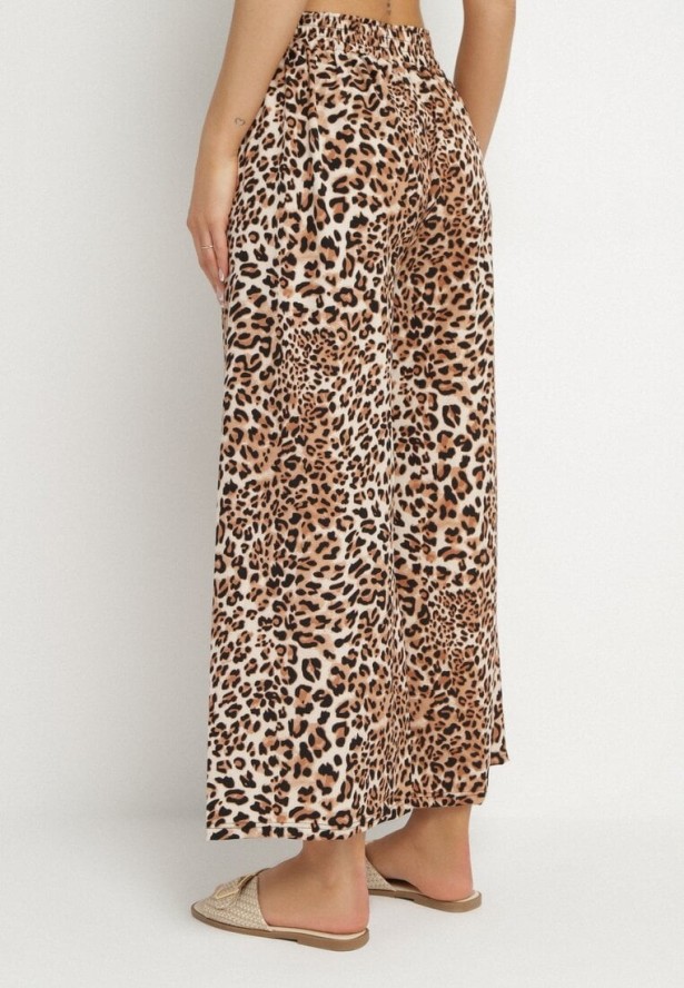 Beżowo-Brązowe Spodnie o Szerokim Kroju z Gumką w Talii w Panterkę Filassena