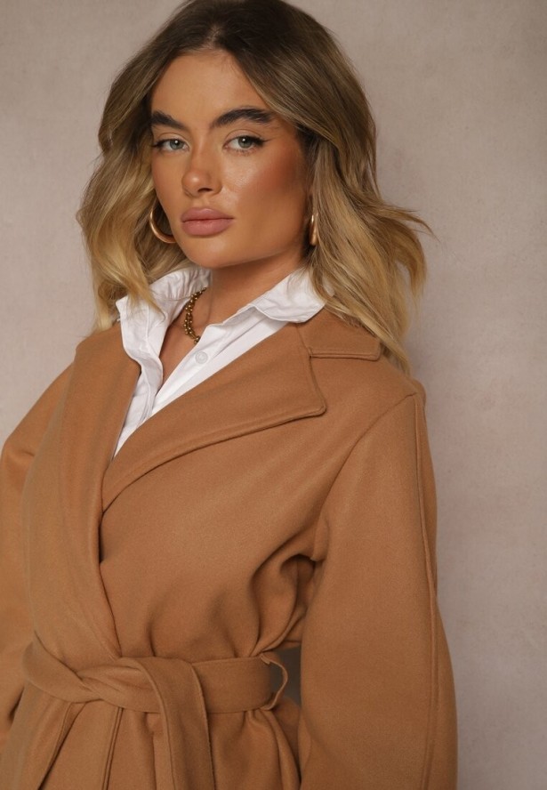 Ciemnobeżowy Płaszcz z Wiązanym Paskiem i Bufiastym Rękawem Agnage