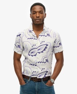 superdry Lniana koszula z nadrukiem i rozpiętym kołnierzem