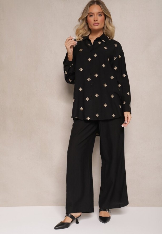 Czarny Komplet z Wiskozy Koszula Zdobiona Haftem i Szerokie Spodnie Hanarella