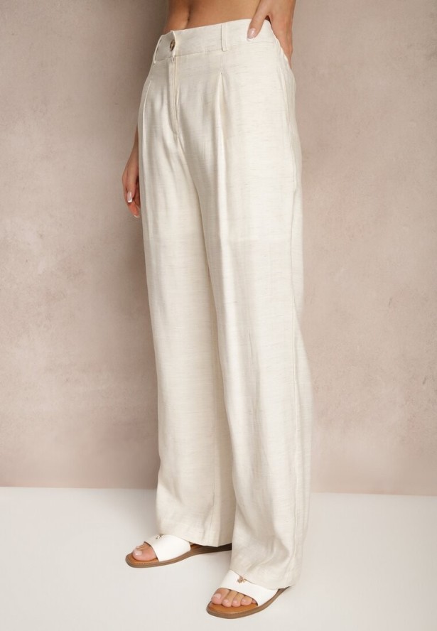 Beżowe Spodnie o Szerokim Kroju z Wiskozy High Waist Lisamara