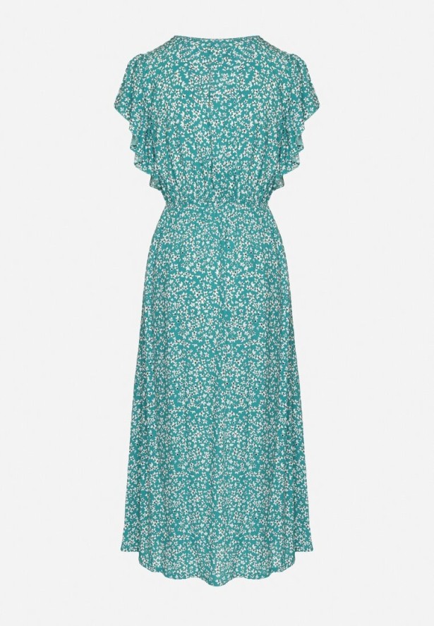 Zielona Bawełniana Sukienka z Gumką w Talii w Drobne Kwiatki Nulinea