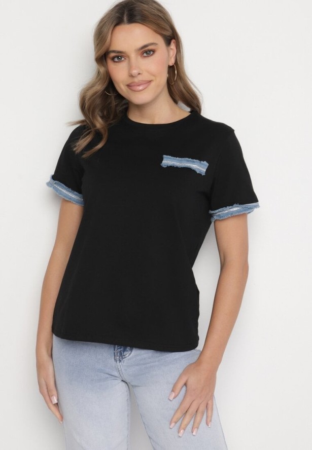 Czarna Bluzka Oversize z Bawełny z Krótkim Rękawem i Ozdobnymi Lamówkami Calnil